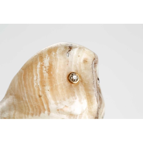 170 - A carved Egyptian alabaster owl with diamond set eyes, attributed to Alfred Pocock, set on a timber ... 