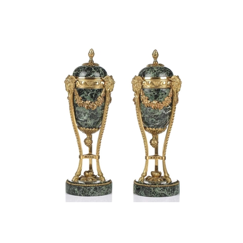 175 - A fine pair of Louis XVI style ormolu and variegated green marble cassolettes of classical urn form,... 