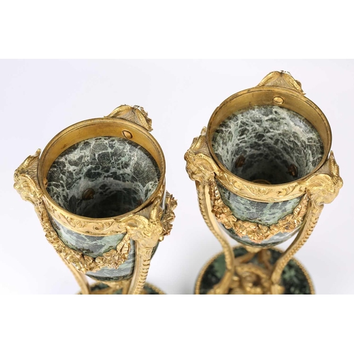 175 - A fine pair of Louis XVI style ormolu and variegated green marble cassolettes of classical urn form,... 