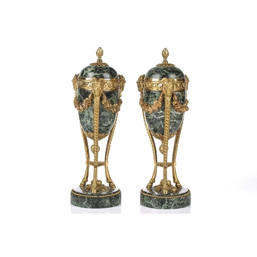 175 - A fine pair of Louis XVI style ormolu and variegated green marble cassolettes of classical urn form,... 