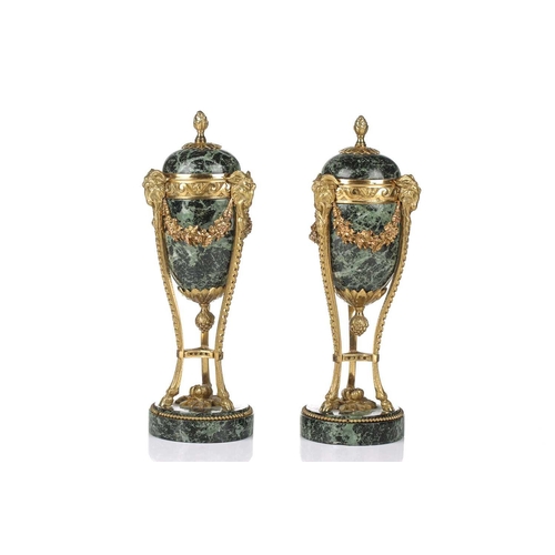 175 - A fine pair of Louis XVI style ormolu and variegated green marble cassolettes of classical urn form,... 