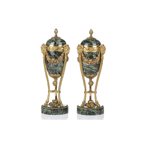 175 - A fine pair of Louis XVI style ormolu and variegated green marble cassolettes of classical urn form,... 