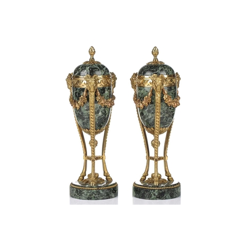 175 - A fine pair of Louis XVI style ormolu and variegated green marble cassolettes of classical urn form,... 