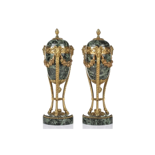 175 - A fine pair of Louis XVI style ormolu and variegated green marble cassolettes of classical urn form,... 