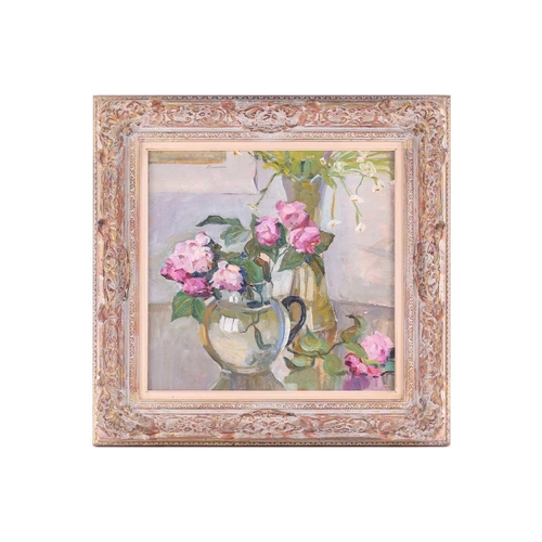 22 - 20th-century Russian school, still life study of pink roses in a vase, oil on canvas, 45.5 cm x 47 c... 