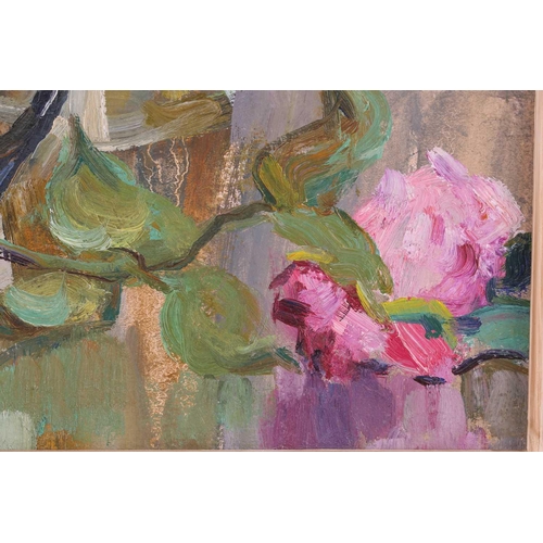 22 - 20th-century Russian school, still life study of pink roses in a vase, oil on canvas, 45.5 cm x 47 c... 