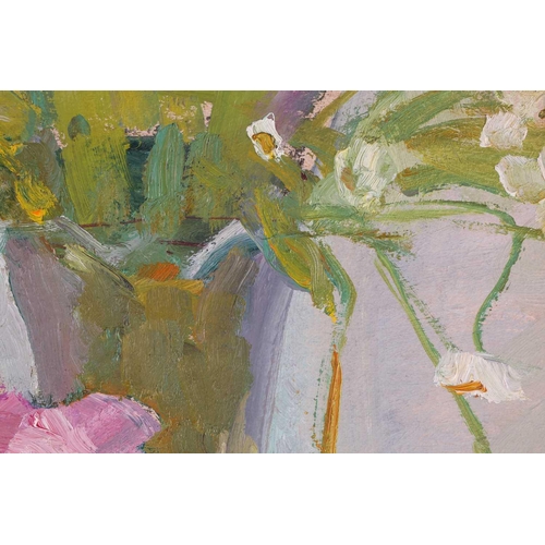 22 - 20th-century Russian school, still life study of pink roses in a vase, oil on canvas, 45.5 cm x 47 c... 