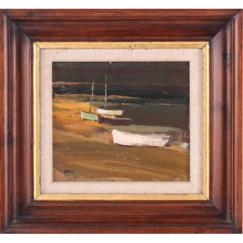 23 - † Donald McIntyre (1923-2009) British, 'Boats, Dull Day', oil on board, monogram to lower left corne... 