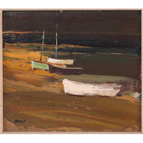 23 - † Donald McIntyre (1923-2009) British, 'Boats, Dull Day', oil on board, monogram to lower left corne... 