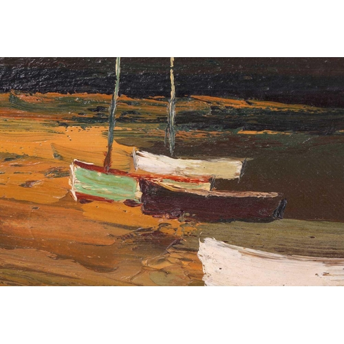 23 - † Donald McIntyre (1923-2009) British, 'Boats, Dull Day', oil on board, monogram to lower left corne... 