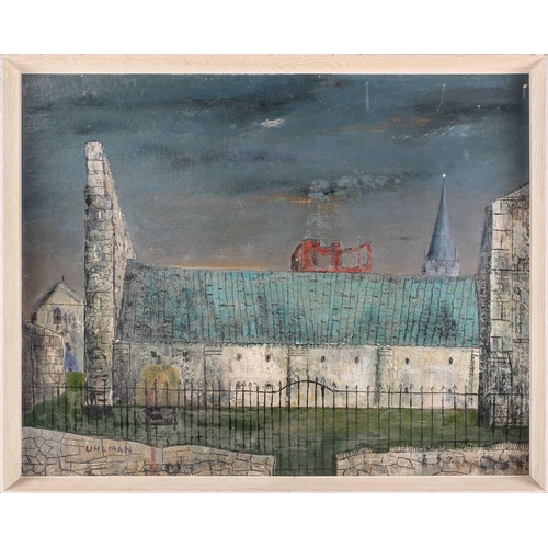 28 - † Fred Uhlman (1901-1985) German, 'Churchyard', oil on board, signed to lower left corner, 48 cm x 6... 