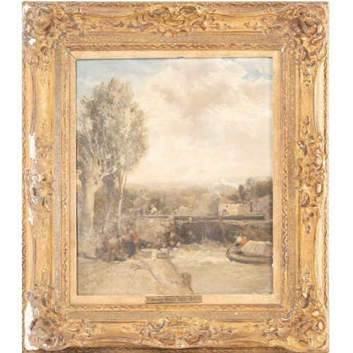 30 - James Webb (c.1825 - 1895), Approaching the lock gates, signed, oil on panel, 30.5 x 25 cm, later fr... 