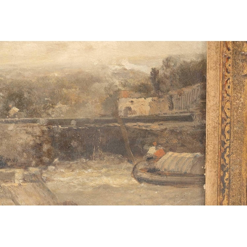 30 - James Webb (c.1825 - 1895), Approaching the lock gates, signed, oil on panel, 30.5 x 25 cm, later fr... 