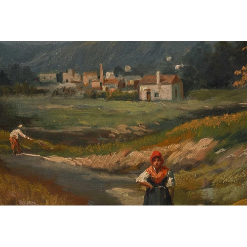 32 - D. Cordezo (late 19th/early 20th century) Spanish?, figures on a lane with village and mountains bey... 