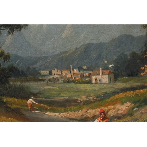 32 - D. Cordezo (late 19th/early 20th century) Spanish?, figures on a lane with village and mountains bey... 