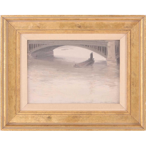 36 - † Sir Herbert James Gunn (1863-1964) British, a boat beneath a bridge on the Thames, soil on panel, ... 