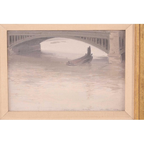 36 - † Sir Herbert James Gunn (1863-1964) British, a boat beneath a bridge on the Thames, soil on panel, ... 