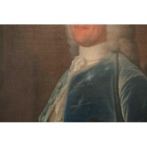 6 - Circle of Thomas Hudson (1701-1779), a three-quarter length portrait of 'Mr Framlingham', in blue ve... 