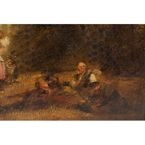 7 - Henry Shirley (fl.1836 - 1870), Figures resting from the harvest with a landscape beyond, signed, oi... 