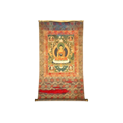 80 - A Tibetan Thangka, early 20th century, Sakyamuni Buddha, seated on a cloud cushion within a garden s... 