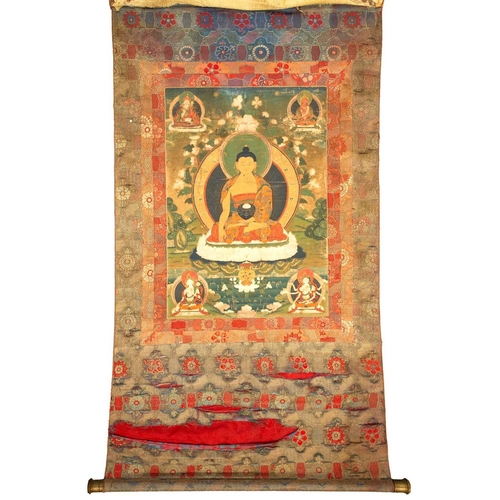 80 - A Tibetan Thangka, early 20th century, Sakyamuni Buddha, seated on a cloud cushion within a garden s... 