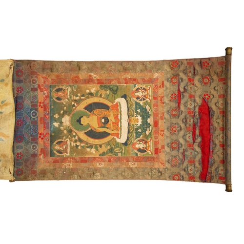 80 - A Tibetan Thangka, early 20th century, Sakyamuni Buddha, seated on a cloud cushion within a garden s... 