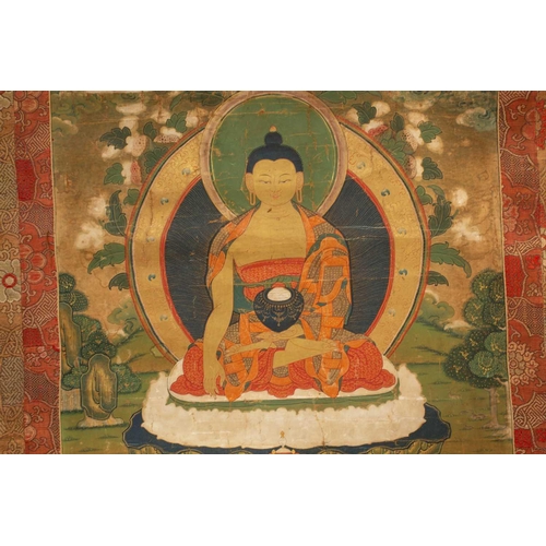 80 - A Tibetan Thangka, early 20th century, Sakyamuni Buddha, seated on a cloud cushion within a garden s... 