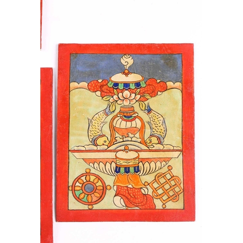 85 - A set of nine Tibetan tsakalis, initiation cards, hand painted with peaceful and wrathful deities, a... 