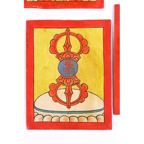 85 - A set of nine Tibetan tsakalis, initiation cards, hand painted with peaceful and wrathful deities, a... 