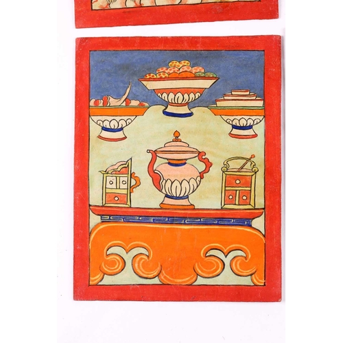 85 - A set of nine Tibetan tsakalis, initiation cards, hand painted with peaceful and wrathful deities, a... 