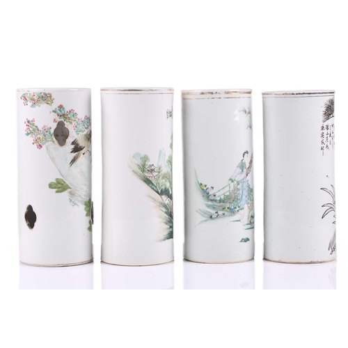 87 - Four Chinese porcelain hat stands, late Qing - earl;y 20th century, each of cylindrical form, painte... 