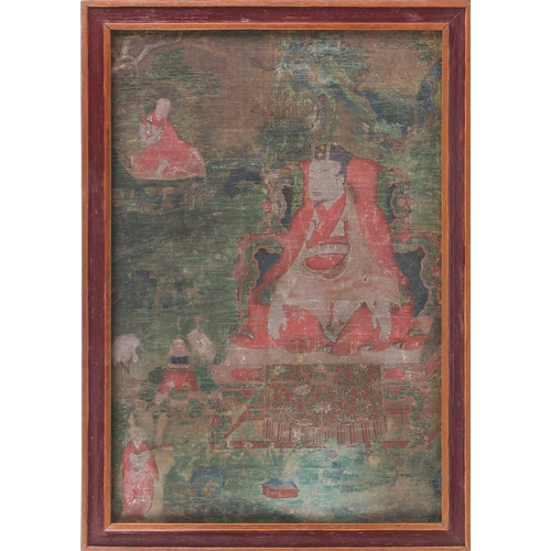 91 - A Tibetan thangka, 18th century, Grub-chen Karma pakshi - the Second Black hat Karampa, with a furth... 