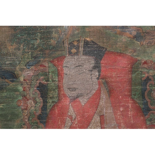 91 - A Tibetan thangka, 18th century, Grub-chen Karma pakshi - the Second Black hat Karampa, with a furth... 