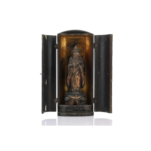 93 - A Japanese portable shrine, Zushi, Edo period, the interior with a carved and parcel gilt standing f... 