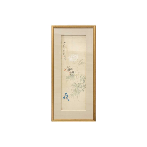 96 - Fang Xun (Chinese, 1736 - 1799) Iris, wallflower, michaelia and peony, signed, watercolour on silk, ... 