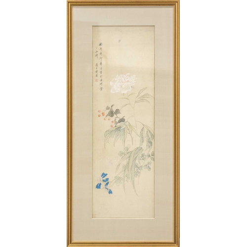 96 - Fang Xun (Chinese, 1736 - 1799) Iris, wallflower, michaelia and peony, signed, watercolour on silk, ... 