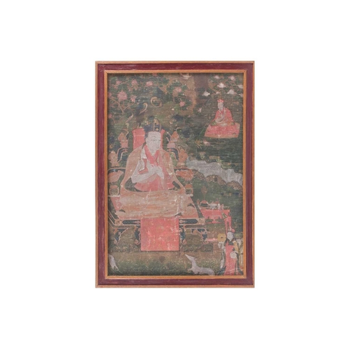 97 - A Tibetan thangka, 18th century, Thub-Chen the Fifth Black Hat Karmapa and rTogs-Idan the Second Red... 