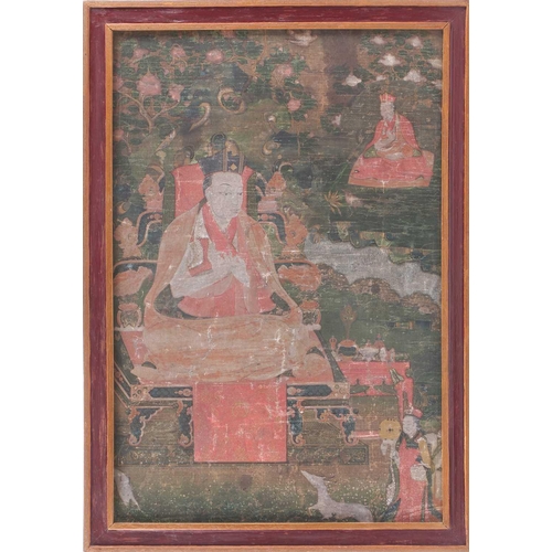 97 - A Tibetan thangka, 18th century, Thub-Chen the Fifth Black Hat Karmapa and rTogs-Idan the Second Red... 