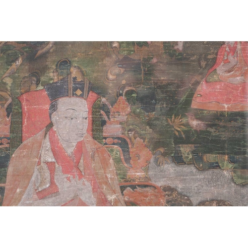 97 - A Tibetan thangka, 18th century, Thub-Chen the Fifth Black Hat Karmapa and rTogs-Idan the Second Red... 