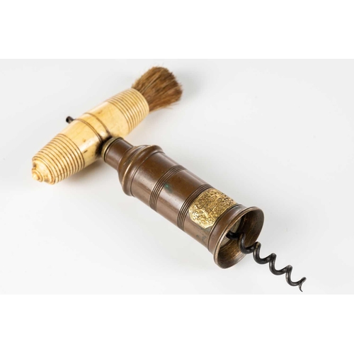 193 - A Thomason type barrel corkscrew, the barrel with ring turned decoration and with applied gilt embos... 