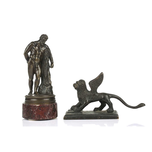 195 - A late grand tour patinated bronze encrier, 19th century, of two-handled form with single central co... 