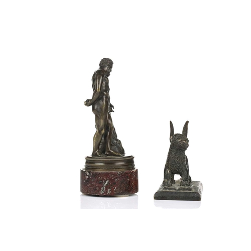 195 - A late grand tour patinated bronze encrier, 19th century, of two-handled form with single central co... 