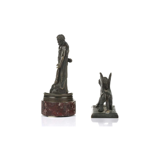 195 - A late grand tour patinated bronze encrier, 19th century, of two-handled form with single central co... 