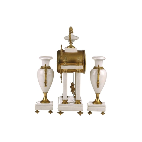 202 - A Louis XVI style ormolu and white marble portico clock garniture by Japy Bros, early 20th century, ... 