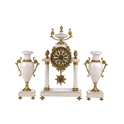 202 - A Louis XVI style ormolu and white marble portico clock garniture by Japy Bros, early 20th century, ... 