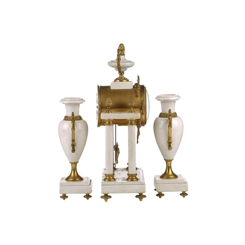 202 - A Louis XVI style ormolu and white marble portico clock garniture by Japy Bros, early 20th century, ... 