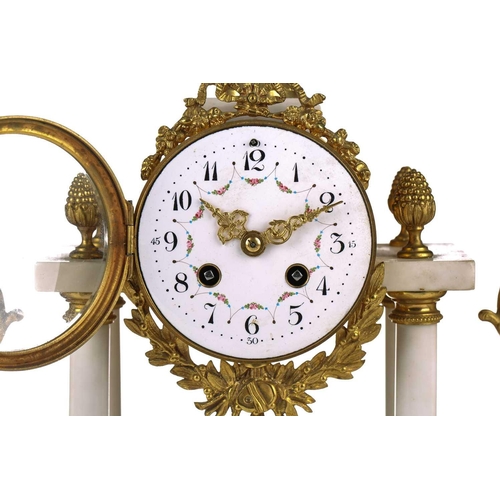 202 - A Louis XVI style ormolu and white marble portico clock garniture by Japy Bros, early 20th century, ... 