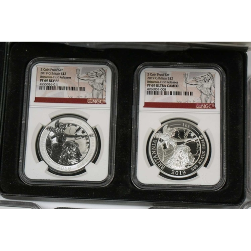 207 - A collection of eleven fine silver proof crown size coins, comprising two coin set Britannia 'The Sp... 