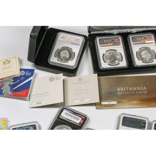 207 - A collection of eleven fine silver proof crown size coins, comprising two coin set Britannia 'The Sp... 