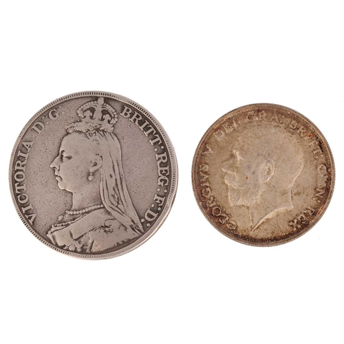 208 - A George V silver proof half crown, 1911, and a Victorian Jubilee head crown, 1889.